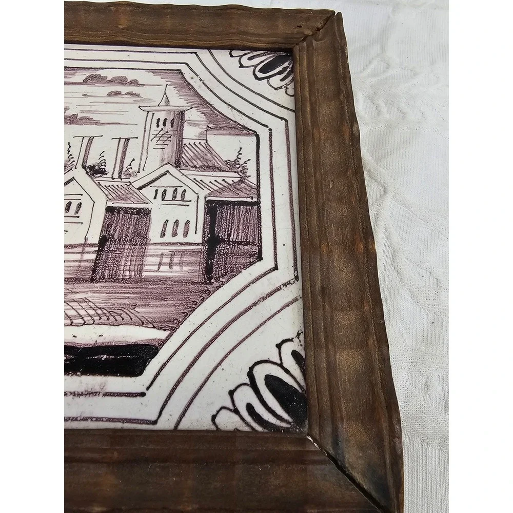 18th century salvaged Delft manganese tile depicting  buildings and trees‎ 6x6